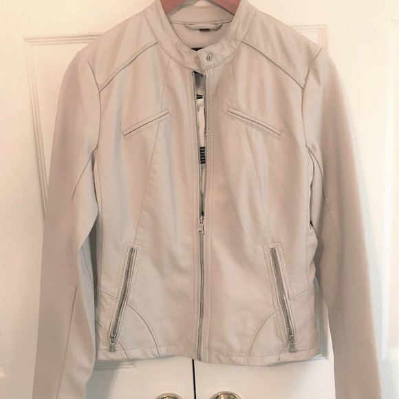 GUESS Faux Leather Moto Motorcycle Jacket Ivory White Lined Medium M 8 NEW! - Picture 1 of 7
